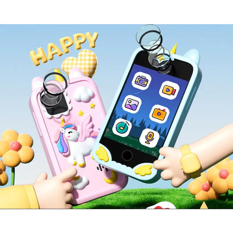 Children's phone case with unicorn design and smartphone held by a child, against a colorful outdoor background.