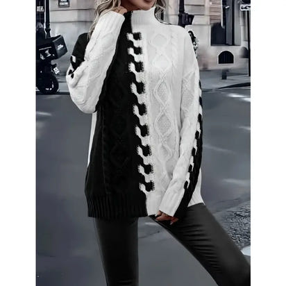 Black and White Turtleneck Knitted Sweater