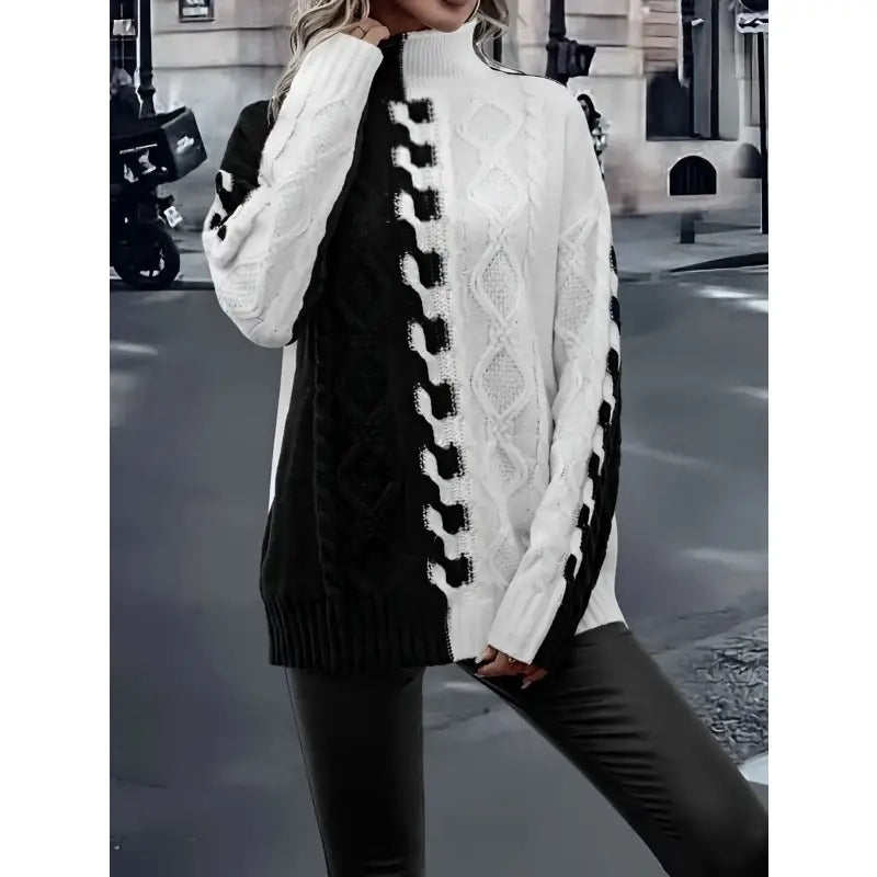 Black and White Turtleneck Knitted Sweater