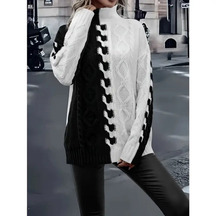 Black and White Turtleneck Knitted Sweater