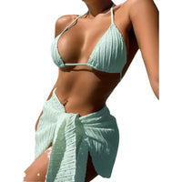 Backless Solid Color Mesh Skirt Bikini Three-Piece Set - sleek-selections