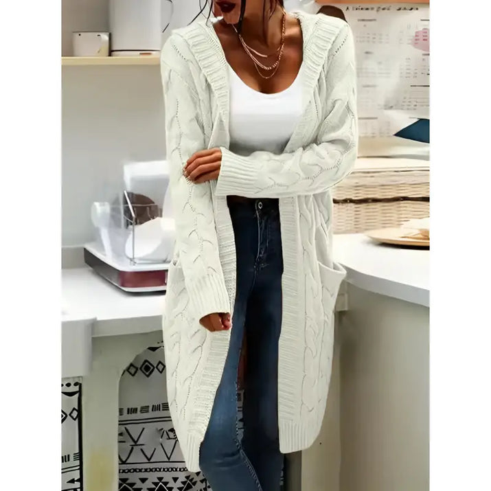 white Knitted Twist Braids Mid-Length Cardigan