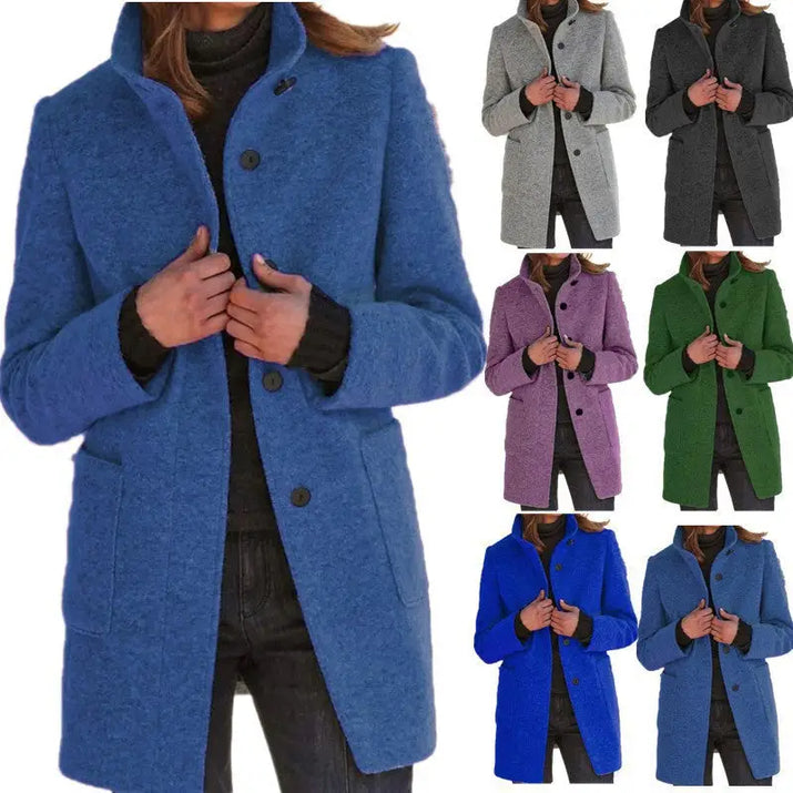 Retro Solid Color Button Woolen Coat