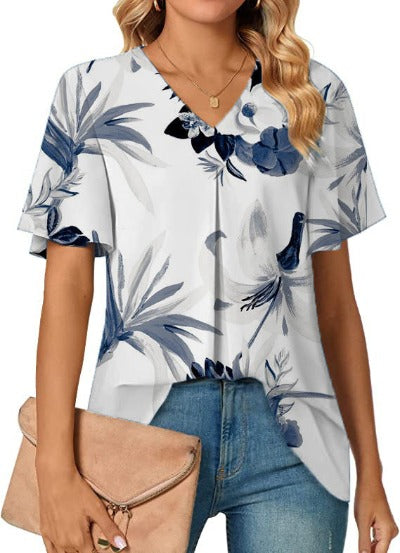 Women's V-neck Flower Print Short Sleeve Top-Blouse