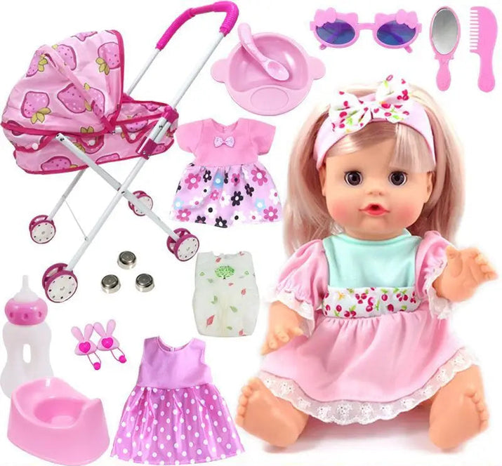 Toy doll with accessories including a stroller, clothes, and toys on a white background.
