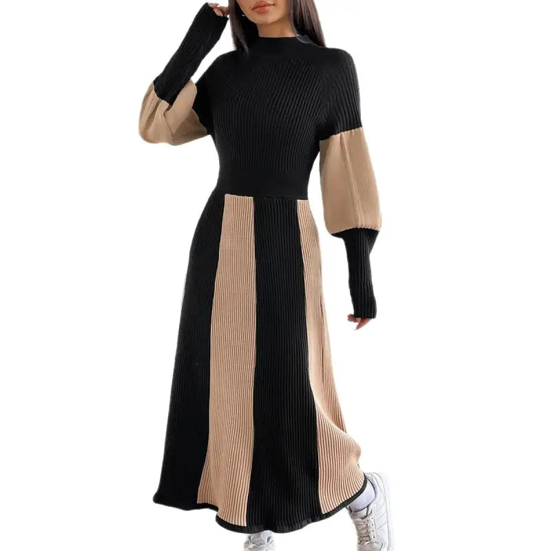 Pleated Contrast Knit Maxi Dress