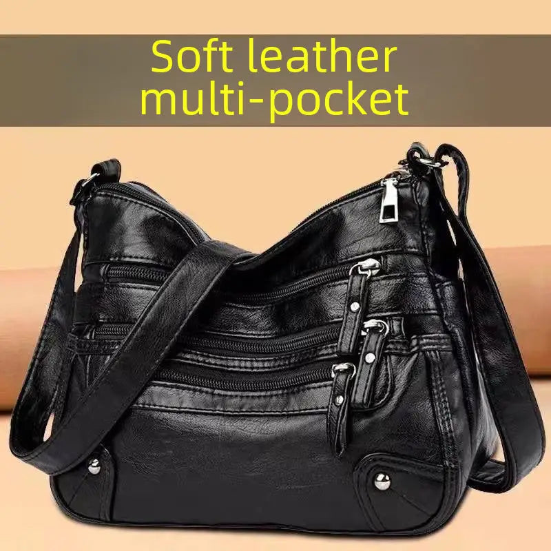 Multi-pocket middle-aged and elderly women's bag soft leather bag 2024 new one-shoulder crossbody bag women's backpack middle-aged mom bag