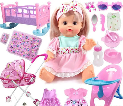 Doll with baby accessories including a crib, stroller, and clothing on a white background