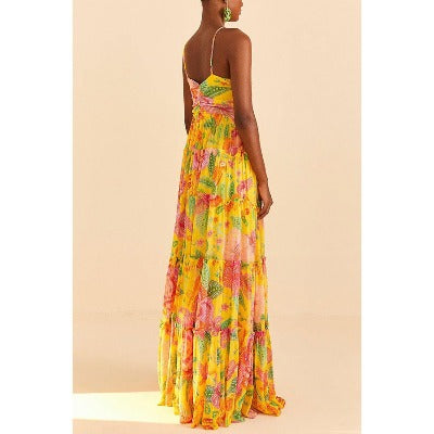 yellow with pink flowers long maxi dress