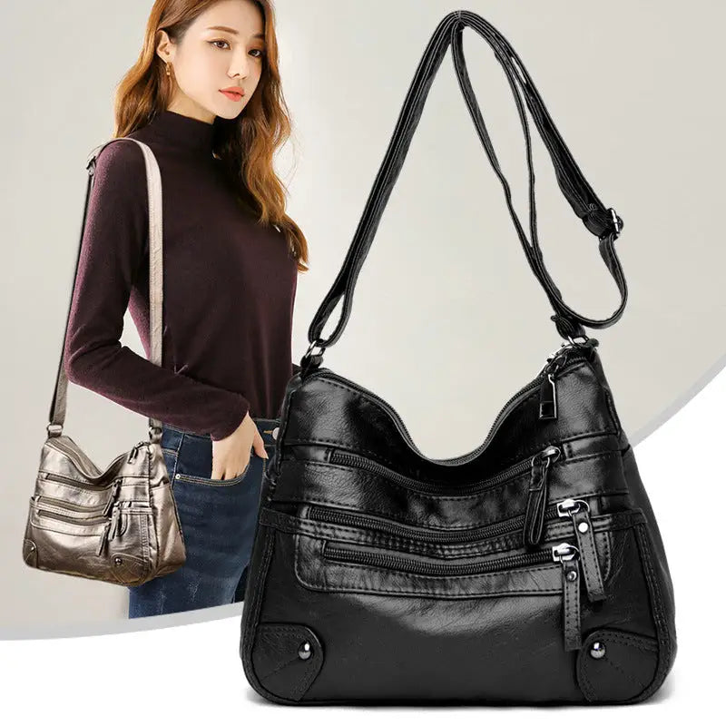 Multi-pocket middle-aged and elderly women's bag soft leather bag 2024 new one-shoulder crossbody bag women's backpack middle-aged mom bag