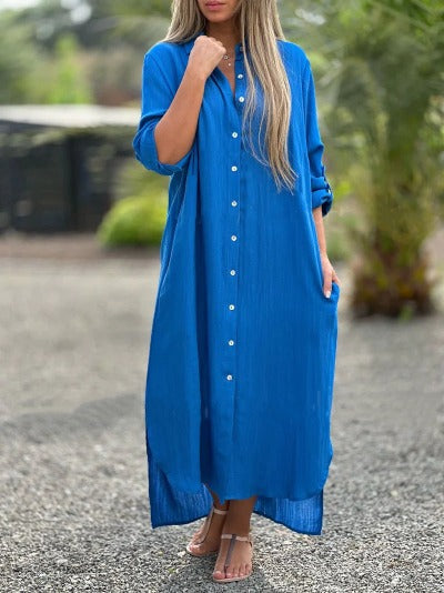 Women's Casual Long-sleeved Blue Cardigan Shirt Dress