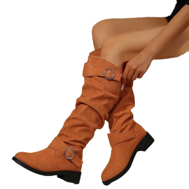 Low-Heeled Slouched High Boots