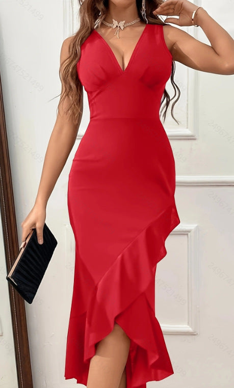 red Ruffled V-Neck Sheath Midi Dress dinner party dress