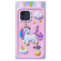 Pink phone case with a unicorn design on a white background