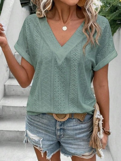 green V-neck Loose Top Short-sleeved Top