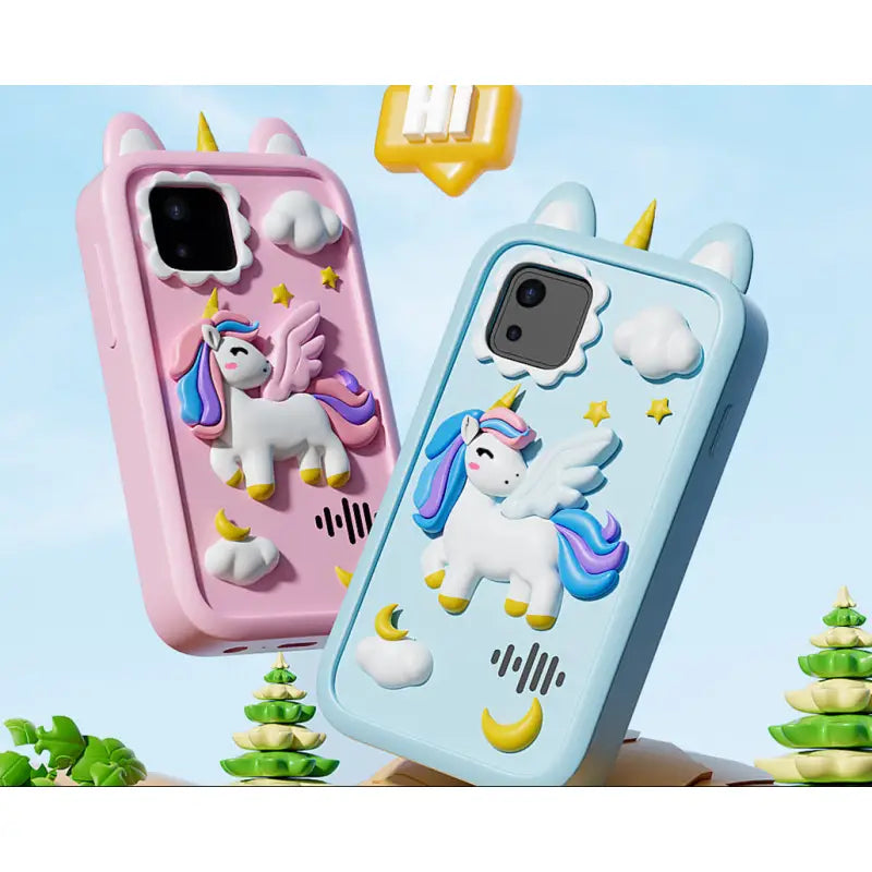 Two colorful phone cases with unicorn designs on a light blue background