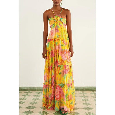 Women's Casual Spaghetti-strap Floral Print Layered Loose Maxi Dress