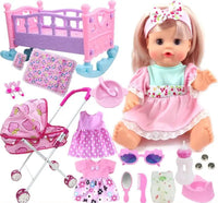 Toy doll with accessories including a crib, stroller, and various items on a white background.