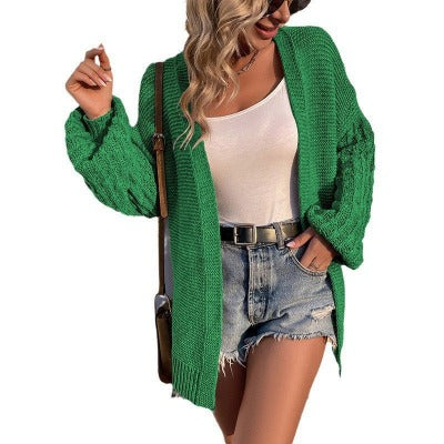 Solid Color Lantern Sleeve Cardigan Sweater - Stylish & Chic