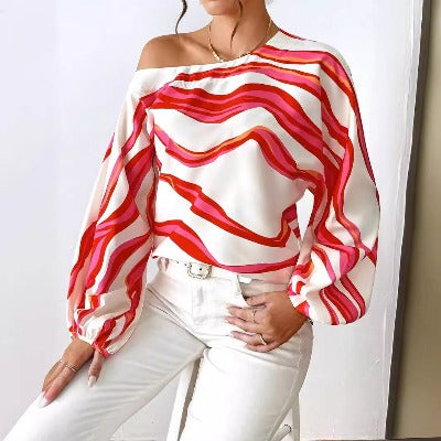 Off-neck Printed Loose-fitting Women's Blouse - Stylish & Trendy