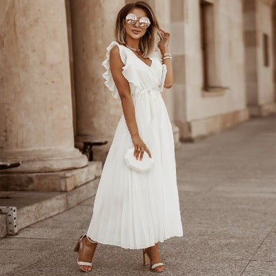 Elegant Ruffle Sleeve Chiffon Solid Color Long Dress