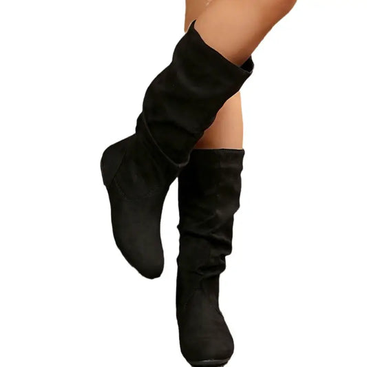 Side Zipper Pleated Stacked Flat Boots