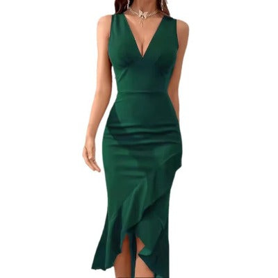 green Ruffled V-Neck Sheath Midi Dress