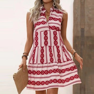 red-white Geometric Print Striped Sleeveless V-neck A- Line Dress