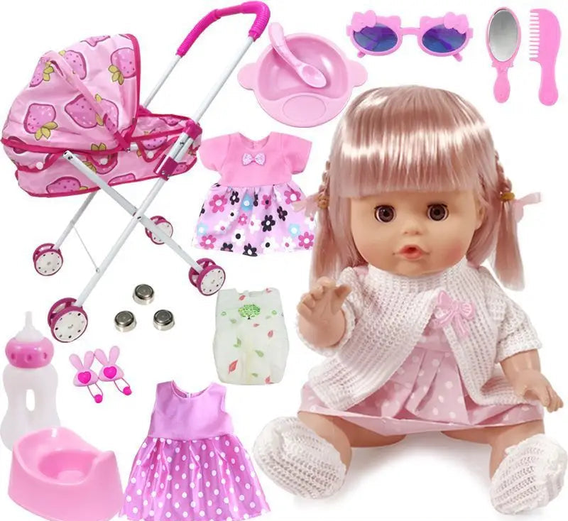 Toy doll with pink accessories including a stroller, clothes, and toys on a white background
