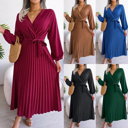 V-neck Large Swing Pleated Dress