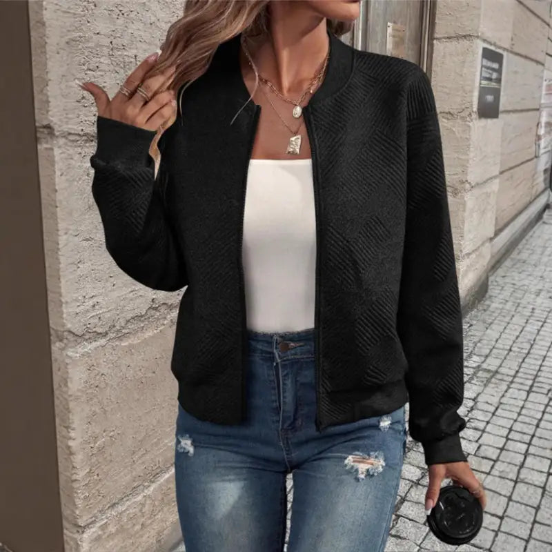 black Solid Color Zipper Jacket