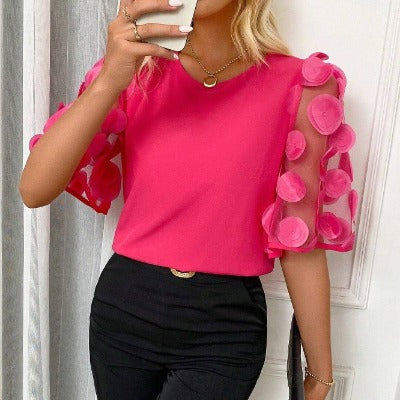 hot pink Hollow-out Short-sleeved Shirt Casual Blouse barbie color blouse