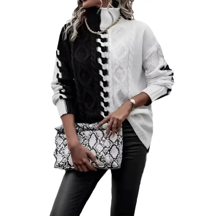 Black and White Turtleneck Knitted Sweater