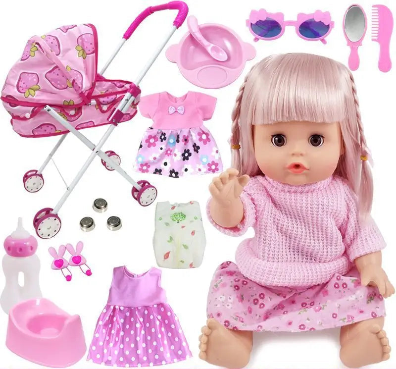 Toy doll with pink hair and outfit, surrounded by baby-related toys and accessories.