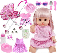 Toy doll with pink hair and outfit, surrounded by baby-related toys and accessories.