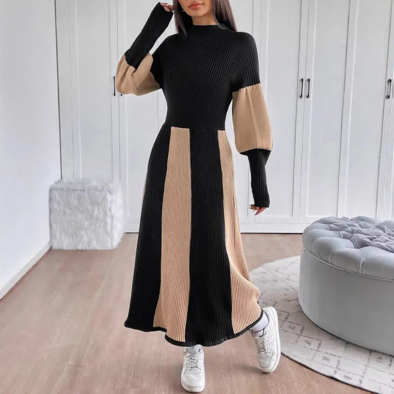 Pleated Contrast Knit Maxi Dress