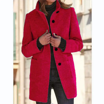 red Retro Solid Color Button Woolen Coat