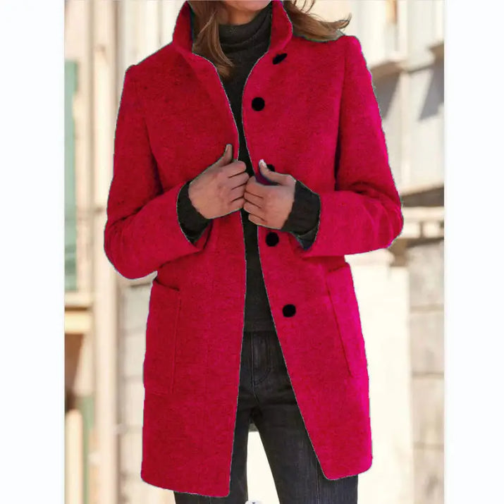 red Retro Solid Color Button Woolen Coat