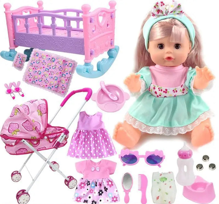 Toy doll with accessories including a bed, stroller, and various items on a white background.