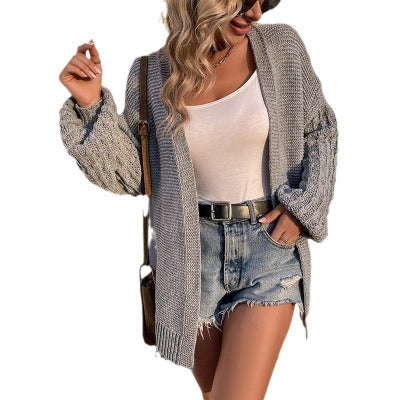 grey Solid Color Lantern Sleeve Cardigan Sweater