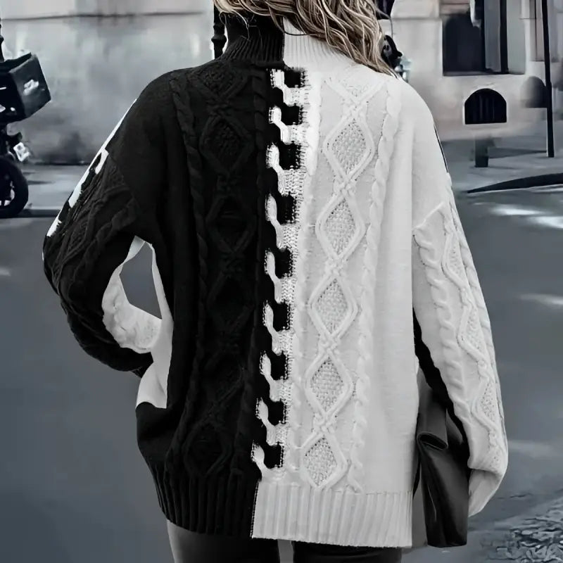 Black and White Turtleneck Knitted Sweater