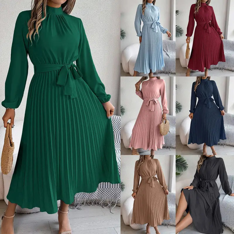 Cinched Waist Pleated Long  Dress