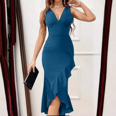 blue Ruffled V-Neck Sheath Midi Dress