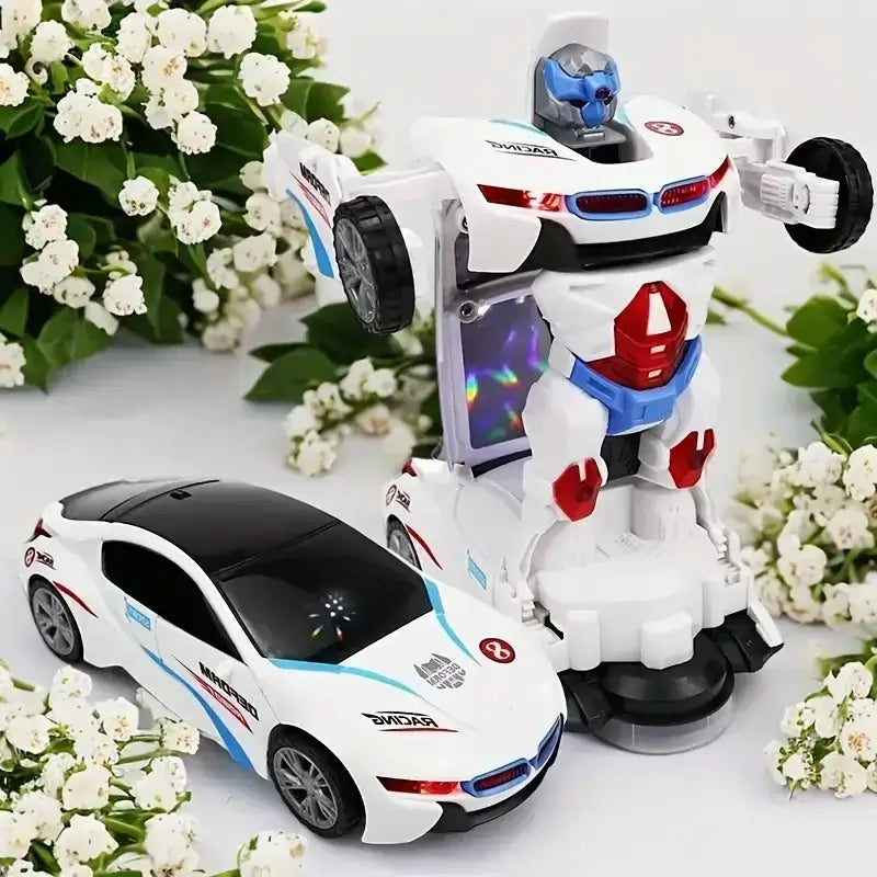 Transforming toy robot and car with flowers in the background
