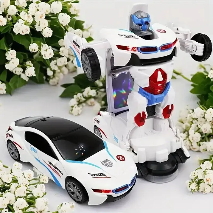 Transforming toy robot and car with flowers in the background