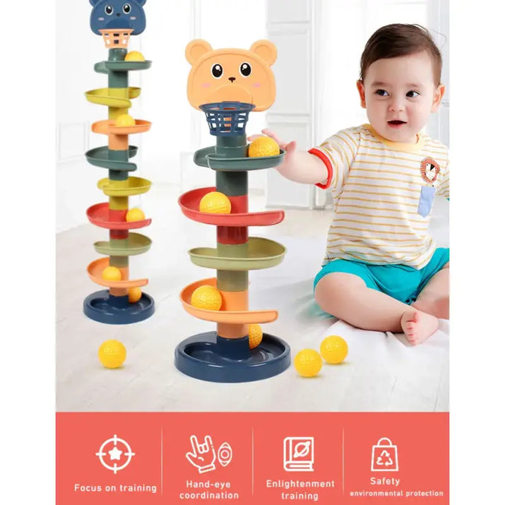 Child playing with a colorful toy tower on a white floor.