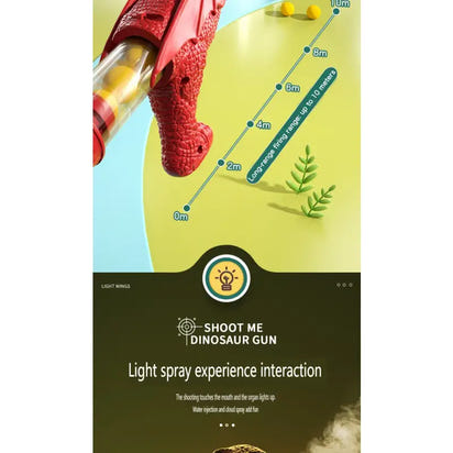 Dinosaur-themed water gun with light spray experience interaction on a green background