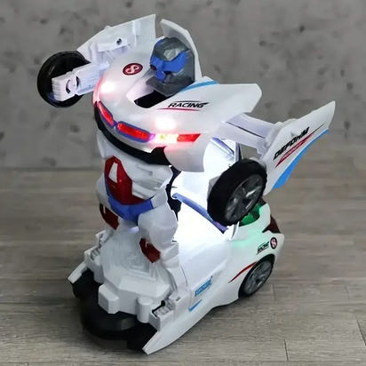 Toy robot with motorcycle body on a wooden floor