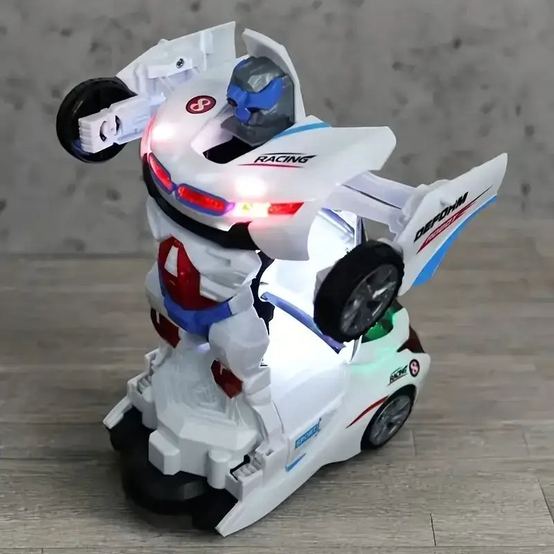 Toy robot with motorcycle body on a wooden floor