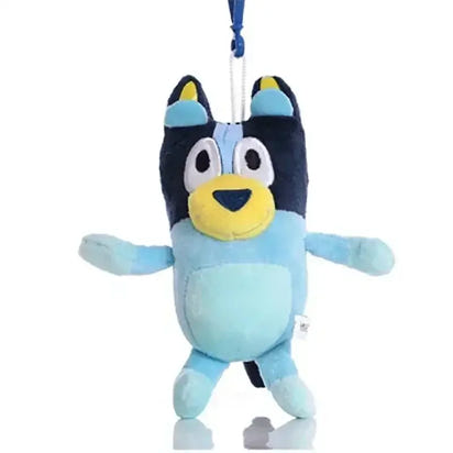 Blue plush toy with a yellow mouth on a white background